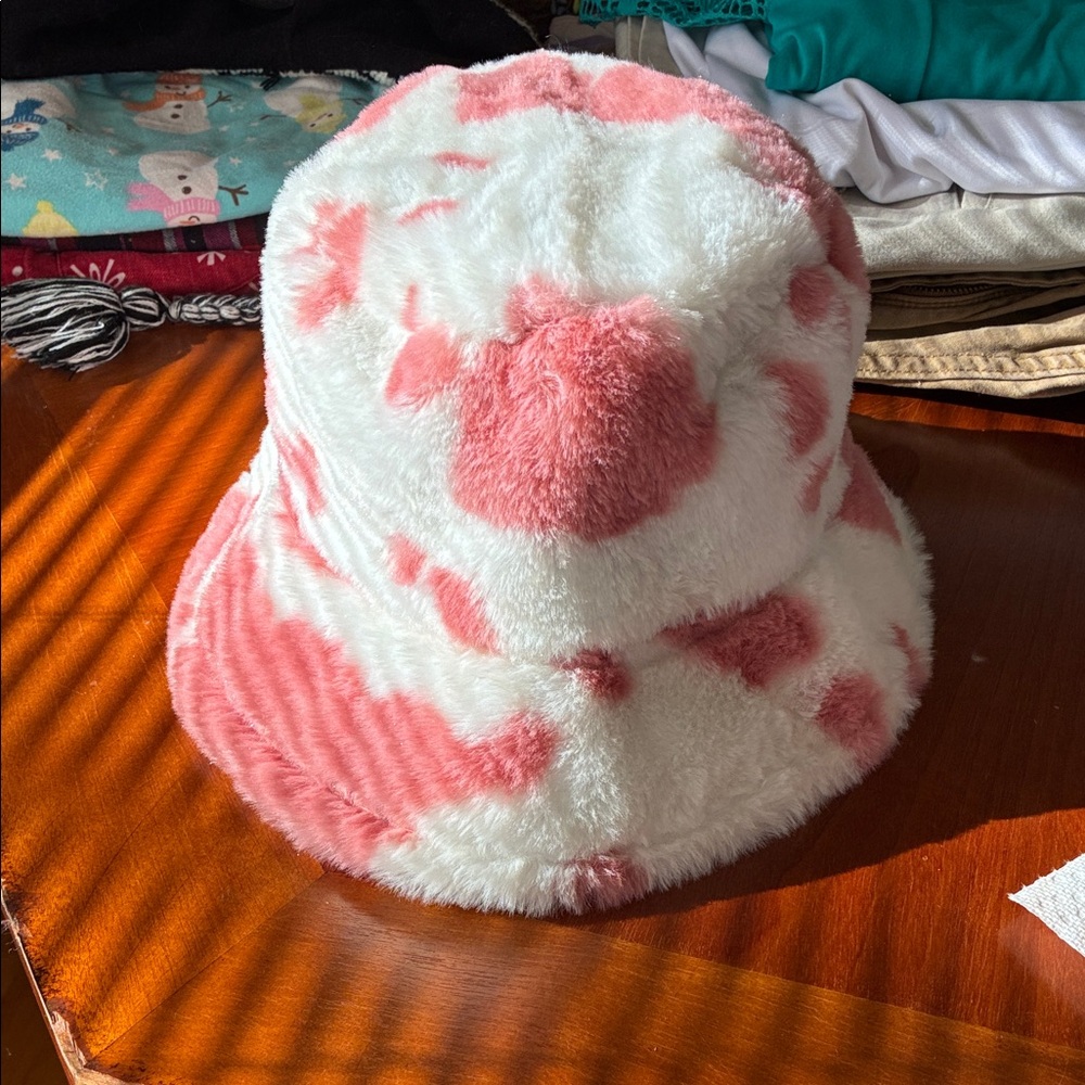Pink and White Fuzzy Bucket Hat